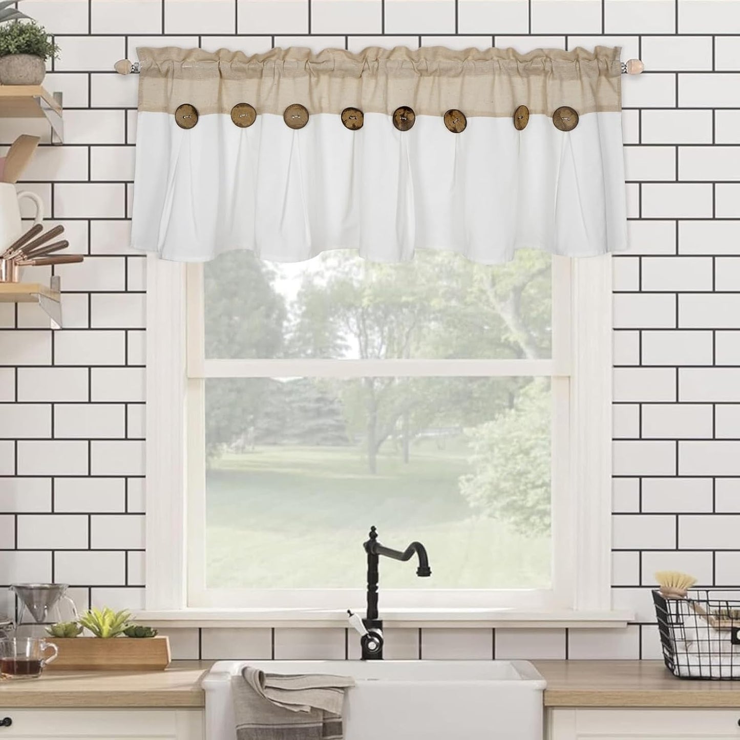 Alishomtll Linen Valance Farmhouse Boho Button Kitchen Curtains ,Rod Pocket,18"L x 52"W, White Linen