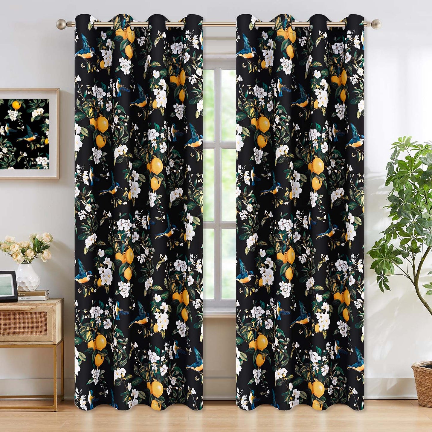 Alishomtll Floral Lemon Hummingbird Blackout Curtains Room Darkening Grommet Window Drapes for Living Room , 52" x84", ,Set of 2 Panels,Black
