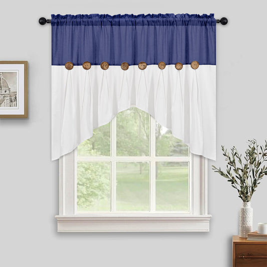 Alishomtll Linen Valance Farmhouse Boho Button Kitchen Curtains ,Rod Pocket,36"L x 52"W, Blue White