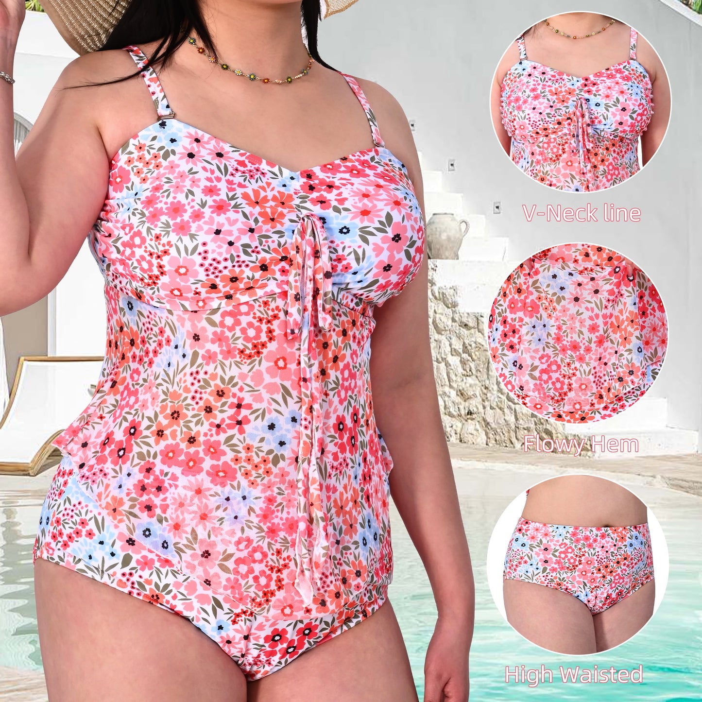 MecTo Plus Size Bathing Suit for Women 2 Piece Flower Bikini Swimsuit High Waisted Tummy Control Tankini Set Swimwear