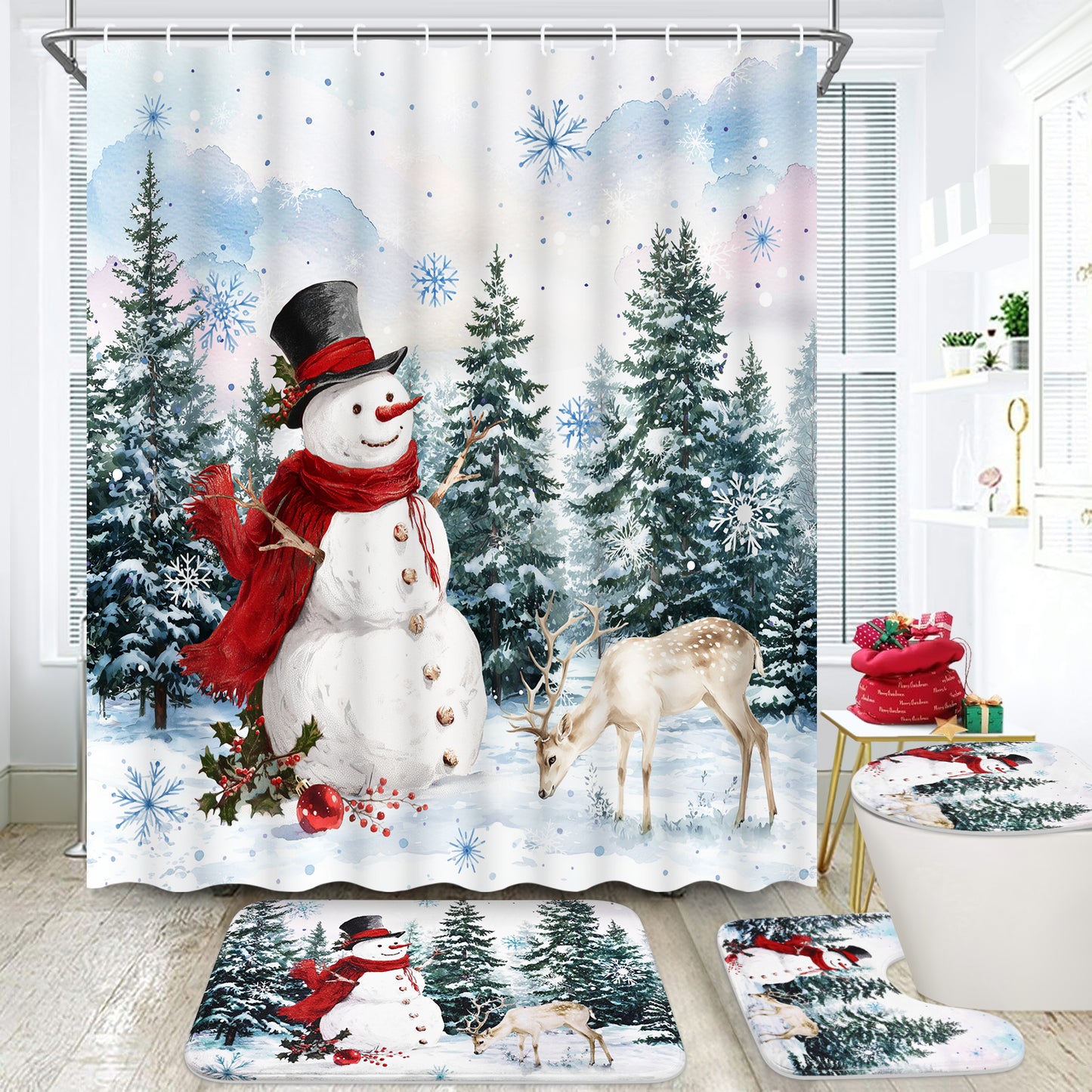 FRAMICS Christmas Snowman Shower Curtain Sets with Rugs, 16 Pcs Winter Pine Forest Deer Bathroom Sets, Waterproof Fabric Bathroom Curtain for Home Holiday Decor with Hooks