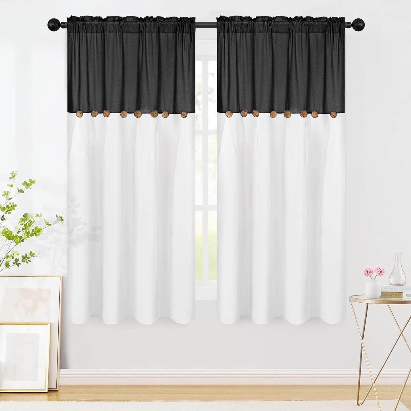 Alishomtll Linen Curtains Farmhouse Boho Button Light Filtering Window Drapes For Living Room Bedroom,Rod Pocket,63"L x 52"W, 2 Panel,Black White