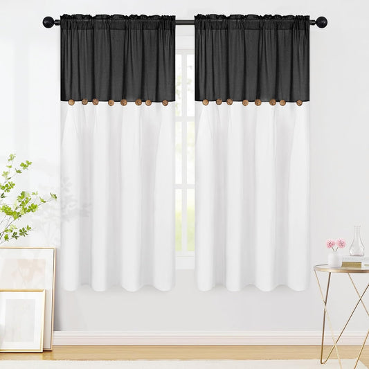 Alishomtll Linen Curtains Farmhouse Boho Button Light Filtering Window Drapes For Living Room Bedroom,Rod Pocket,63"L x 52"W, 2 Panel,Black White