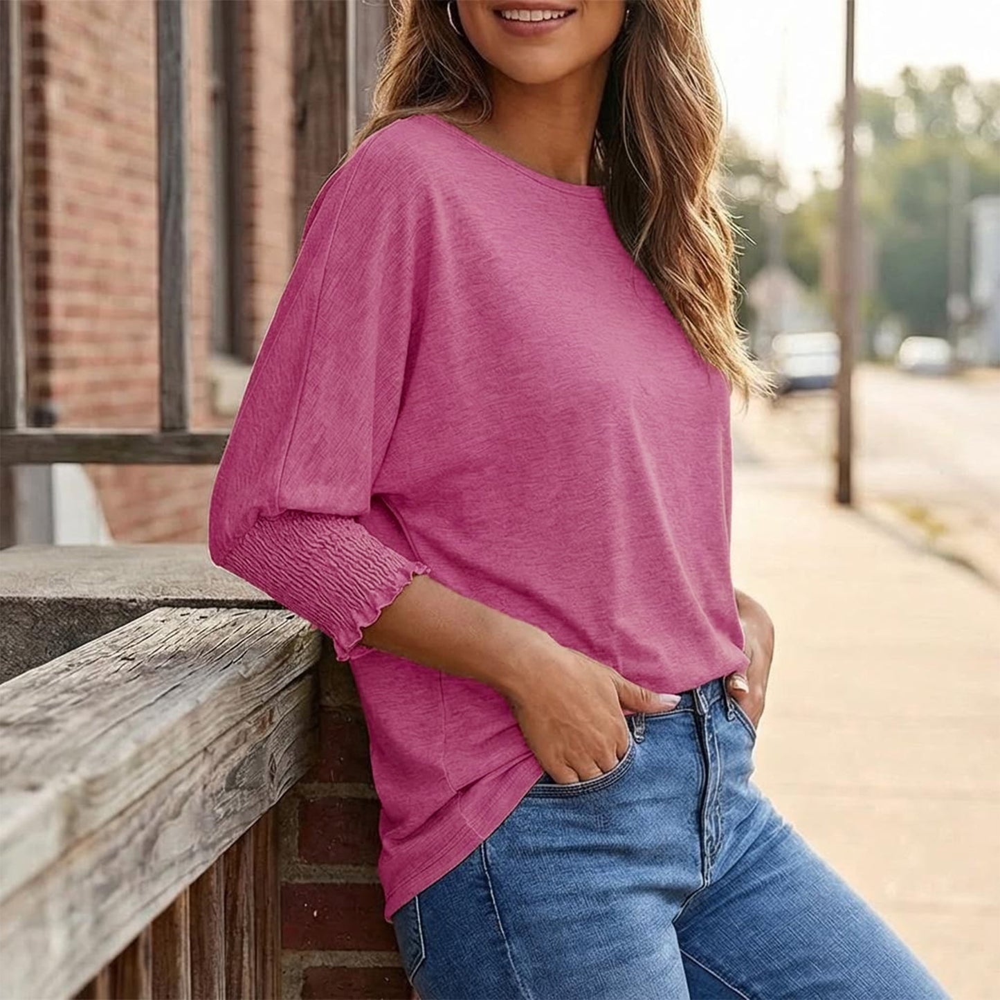 Gingprous 3/4 Sleeve Blouse for Women Smocked Cuffs Tops Loose Casual Tee Shirt Dressy Casual Womens Shirt