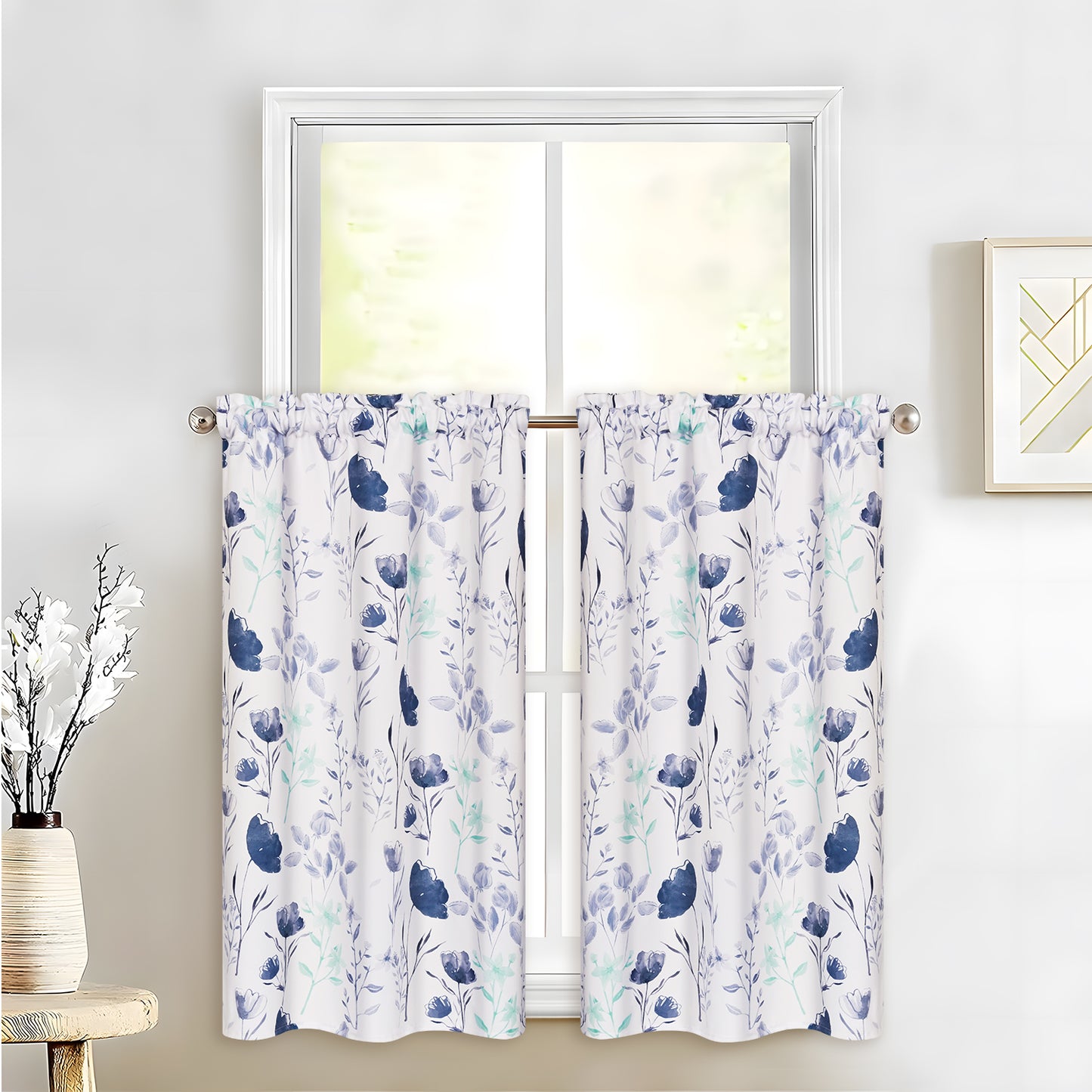 Alishomtll Kitchen Curtains Floral Print Tier Curtains Sets Light Filtering Small Window Drapes Rod Pocket ,26"Wx36"L,2 Panels,Gray Blue