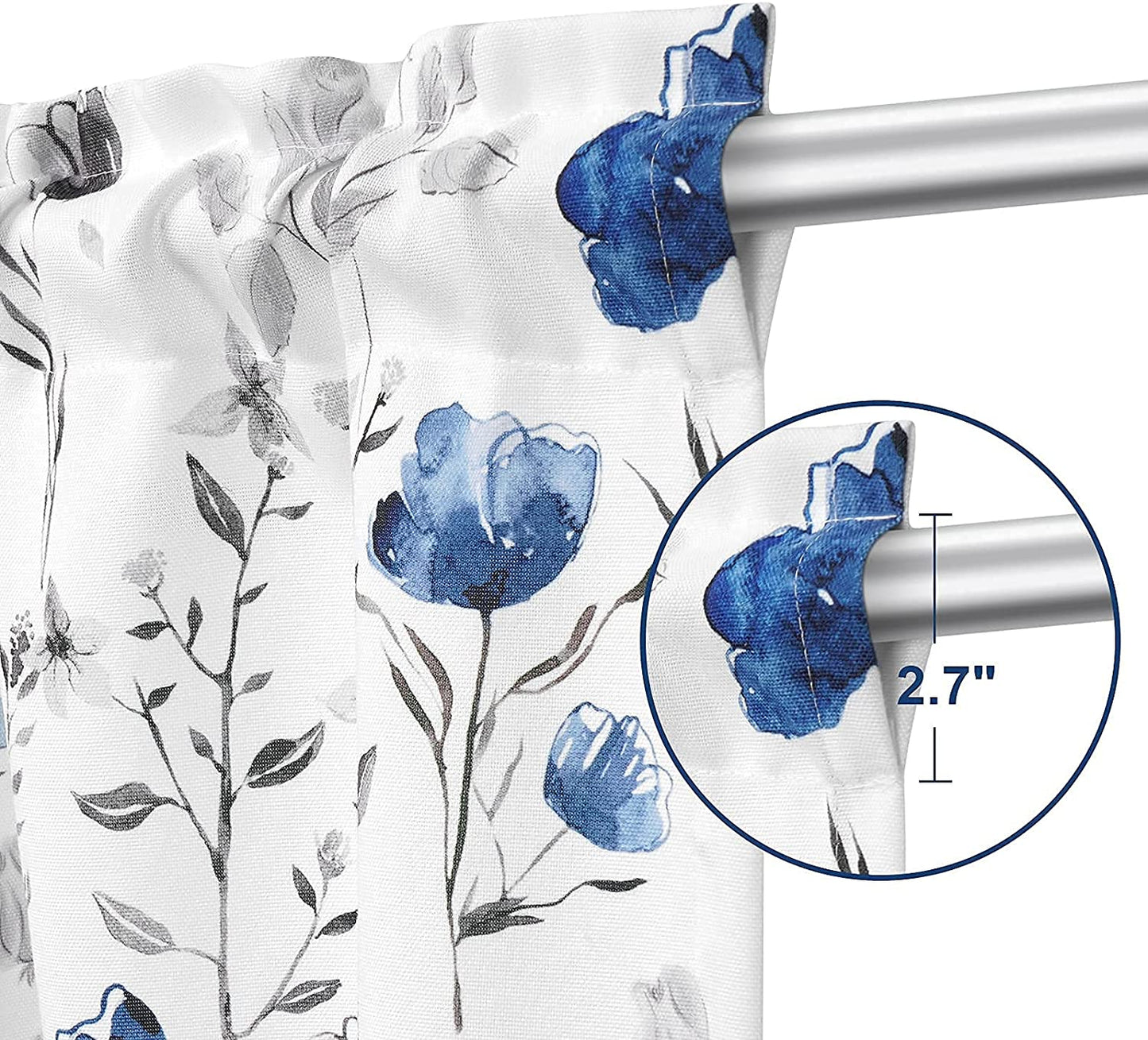 Alishomtll Kitchen Curtains Blue Floral Watercolor Print Tier Curtains Light Filtering Rod Pocket Small Window Curtain Sets,26"Wx24"L,2 Panels