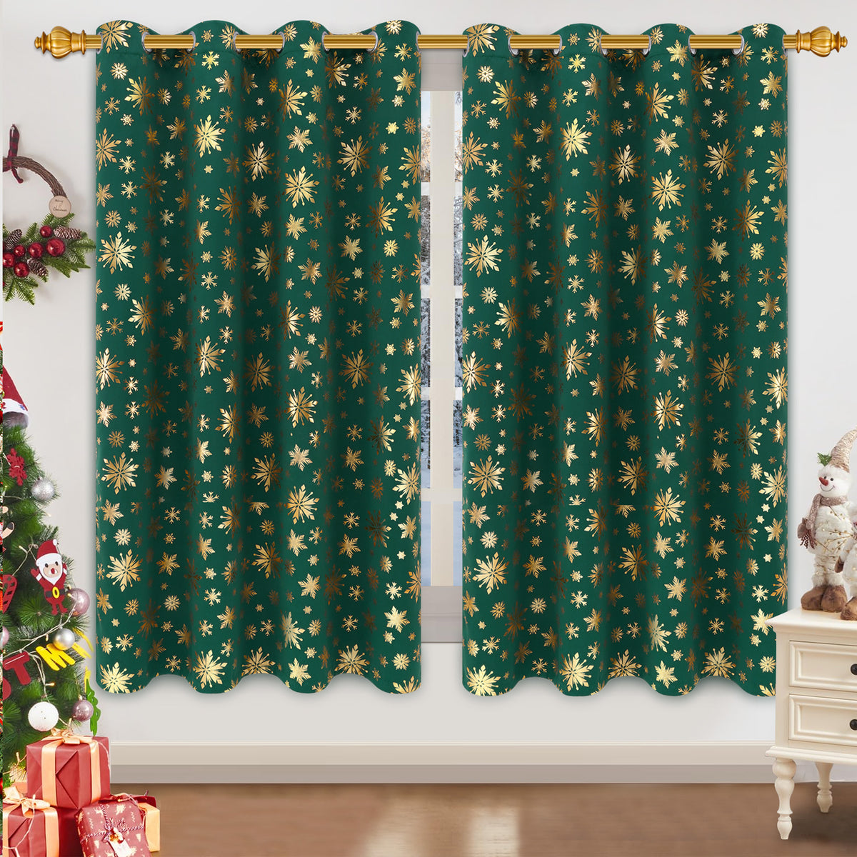 Alishomtll Red Christmas Curtains for Living Room Blackout Golden Snowflake Foil Pattern Room Darkening Window Drapes Holiday Xmas Decor, 52" x 84"L, Set of 2 Panels