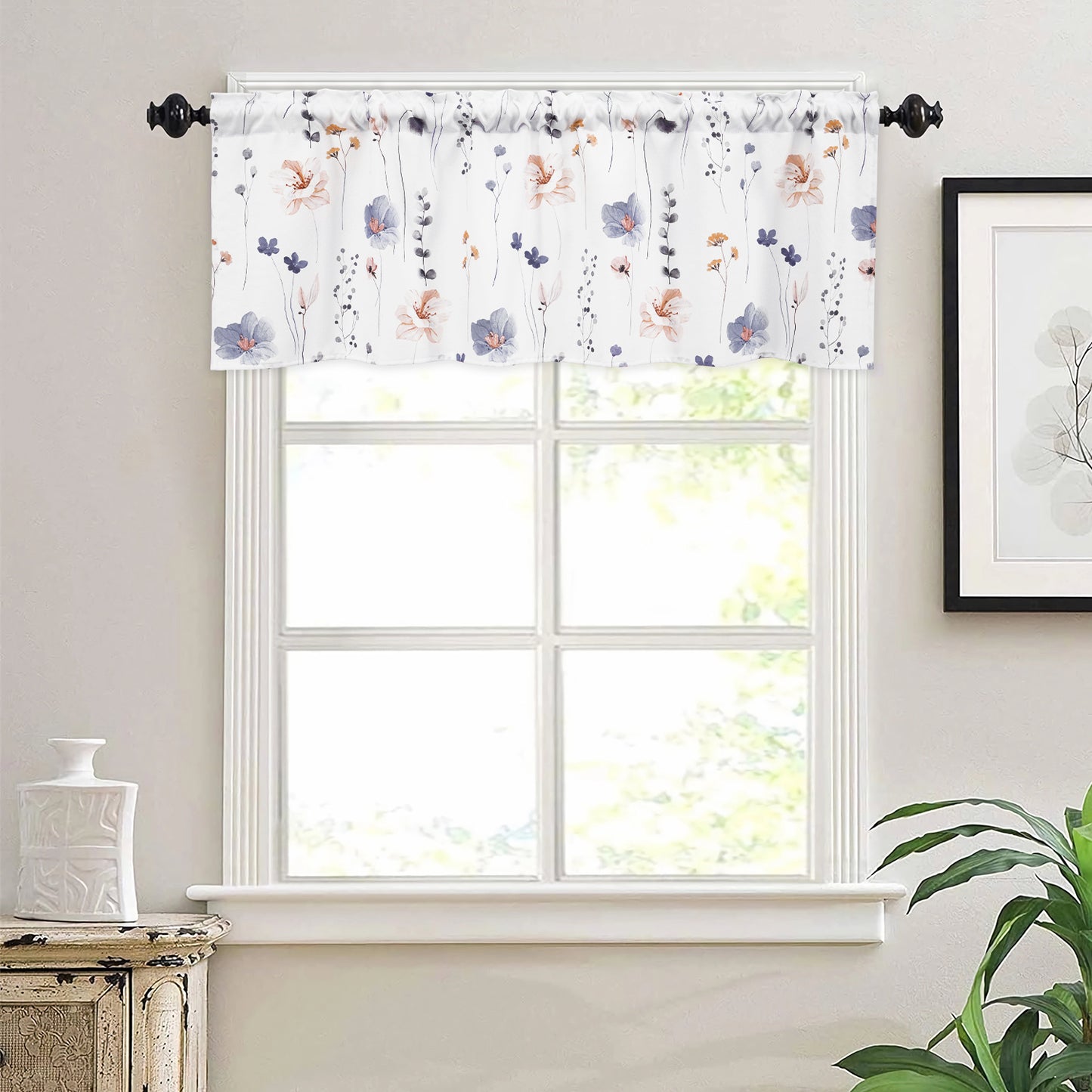 Alishomtll Floral Valance Curtains Kitchen Blue Wildflower Flower Leaf Windows Drapes,52 x 18 inch,Rod Pocket