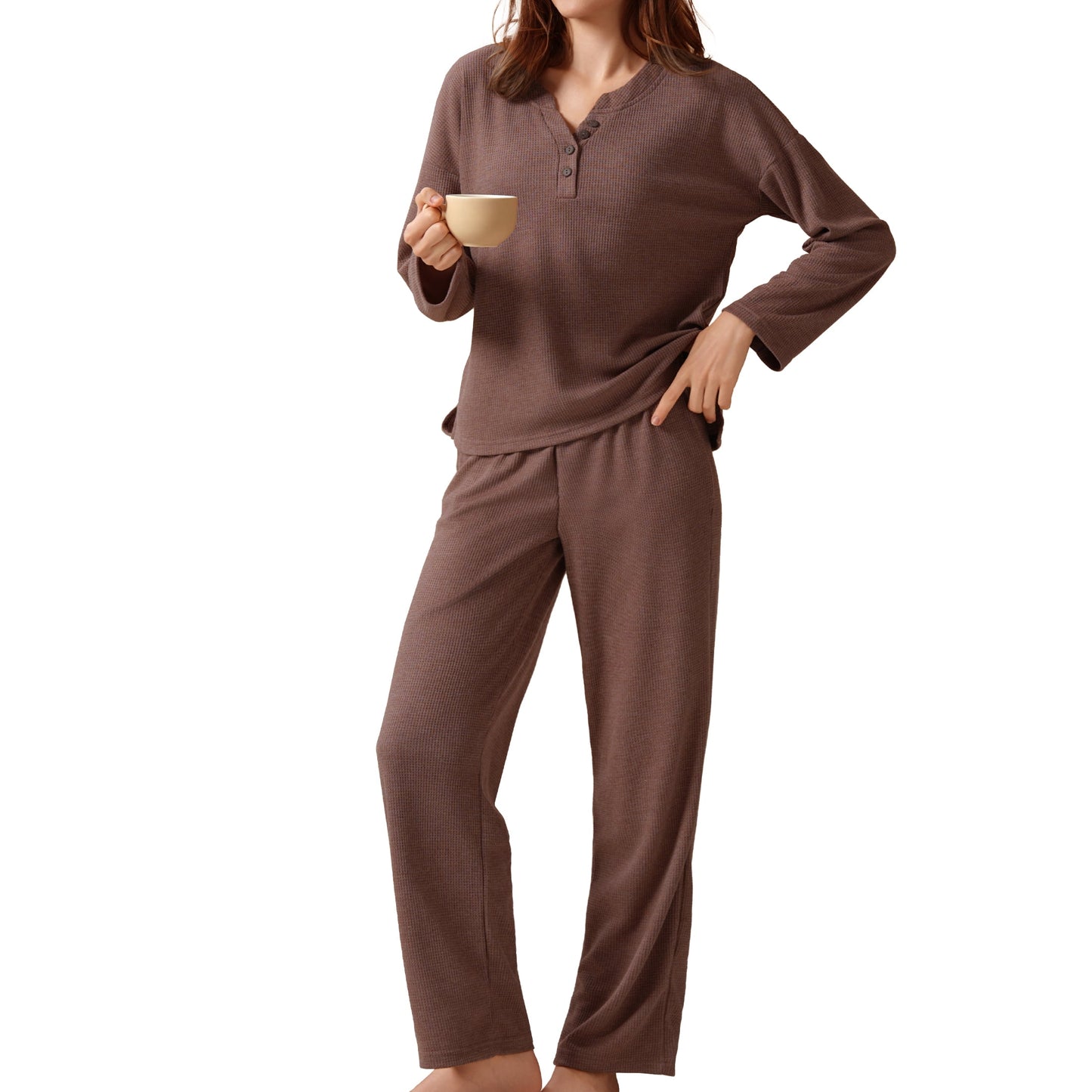 MecTo Womens Pajamas Sets Knit Pj Set V-neck Top with Long Pants Sleepwear 2 Piece Lounge Set