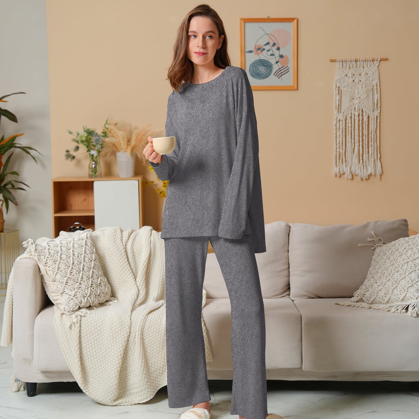 MecTo Women Pajamas Sets Oversize Long Sleeves Top and Long Pants Soft Comfy Two Piece Lounge Sets