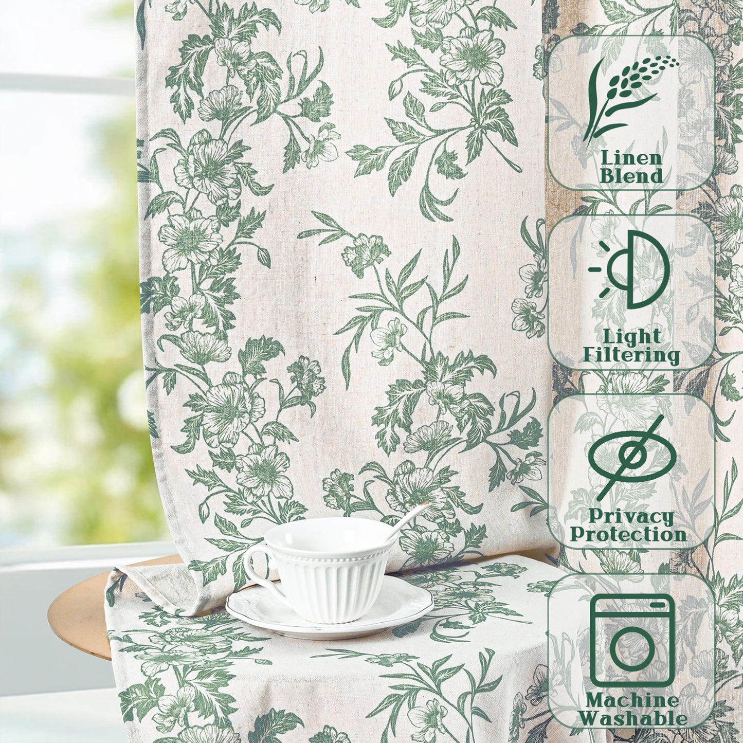 Alishomtll Floral Curtains for Living Room Farmhouse Country Linen Curtains Light Filtering Window Drapes,Sage Green ,52"x63", 2 Panels