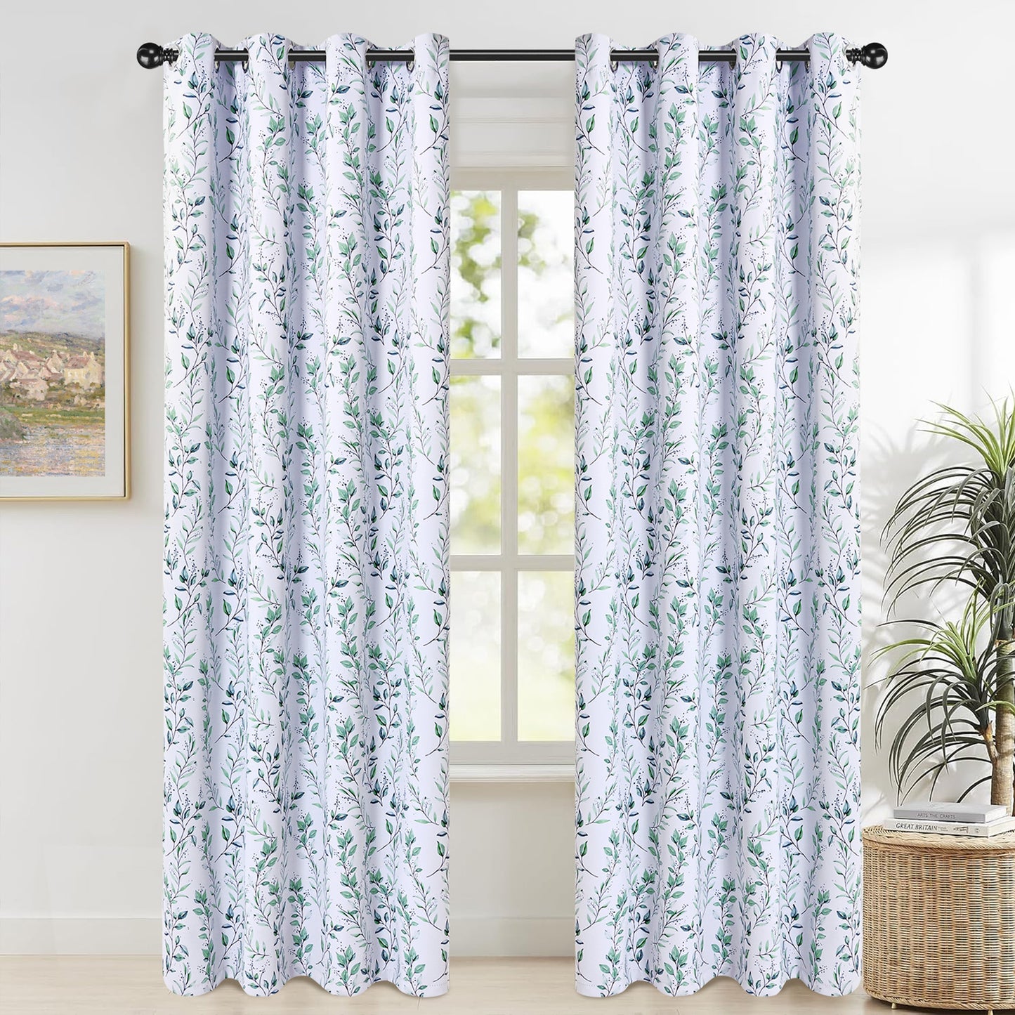 Alishomtll Blackout Curtains Green Leaf Printed Thermal Insulated Window Drapes for Bedroom Living Room 84 Inches Long,52" Wide, 2 Panels