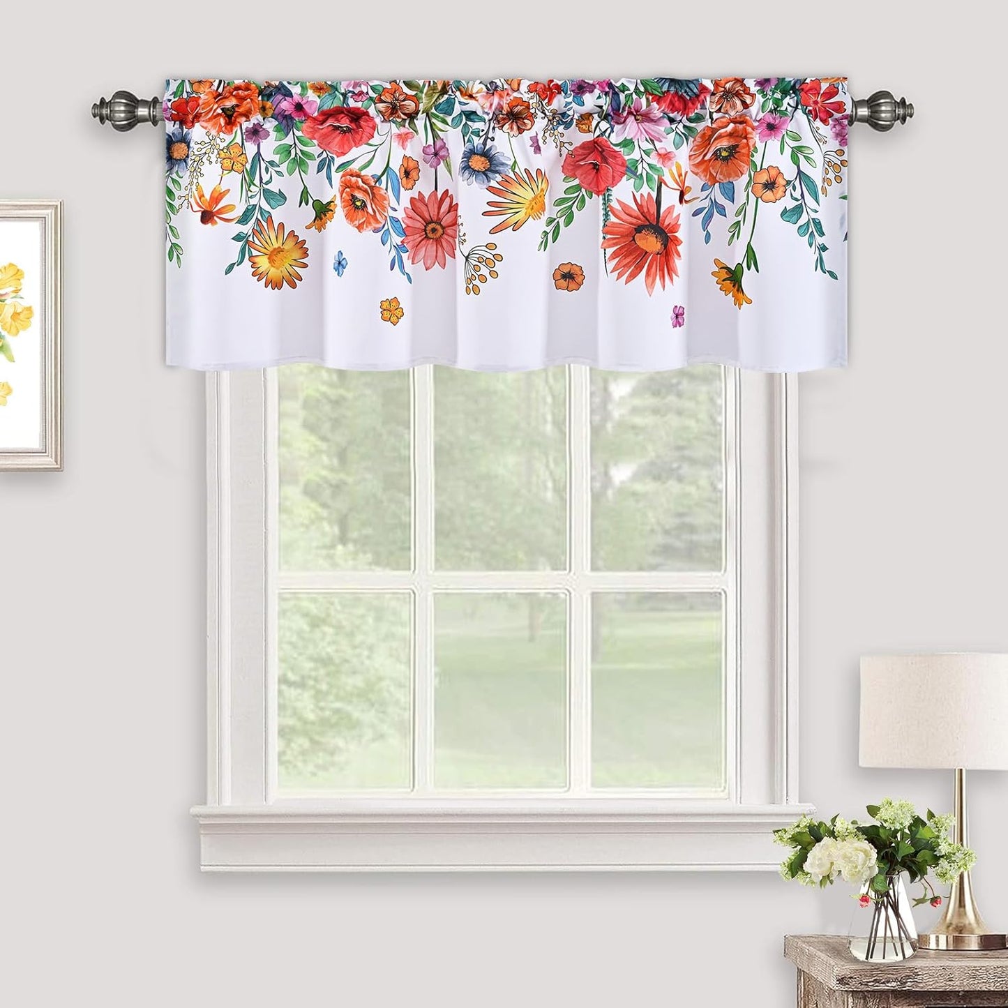 Alishomtll Valance Curtains Blossom Floral Print Window Curtain Valance Rod Pocket, 52W" x 18L",White