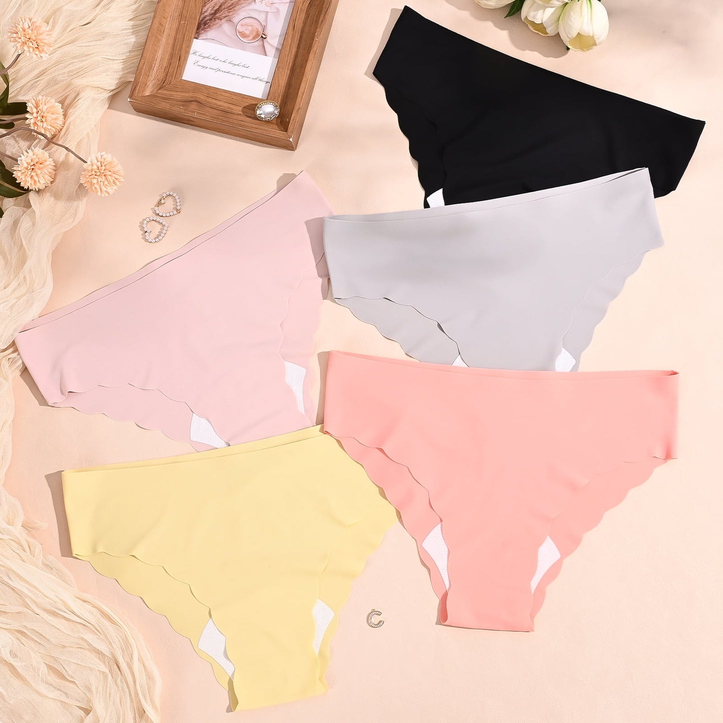 Sunm Boutique Cooling Seamless Underwear for Women, Low Rise Cheeky No Show Wave Edge Hipster Panties , 5-Pack XL Size Soft Stretch