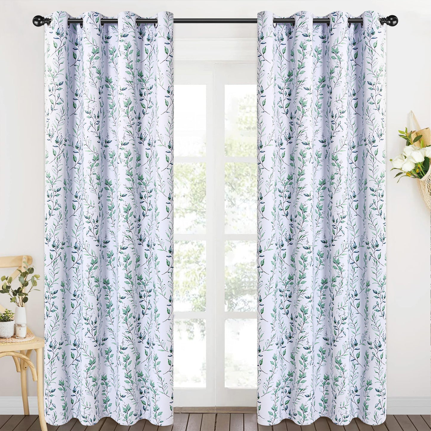 Alishomtll Blackout Curtains Green Leaf Printed Thermal Insulated Window Drapes for Bedroom Living Room 84 Inches Long,52" Wide, 2 Panels