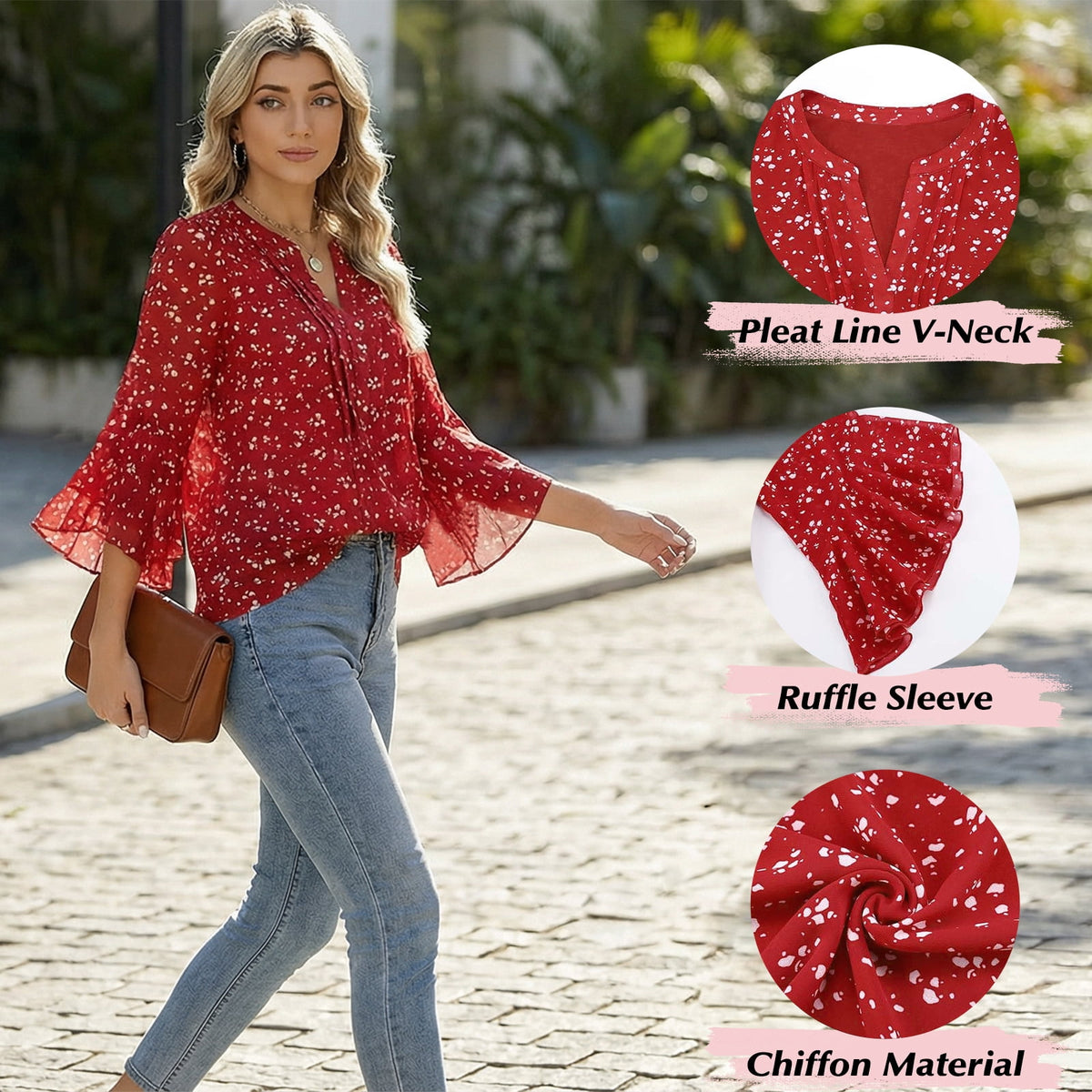 Gingprous Women's 3/4 Sleeve Henley Blouse, V Neck Pleated Ruffle Sleeve Dressy Casual Top, Red Polka Dot
