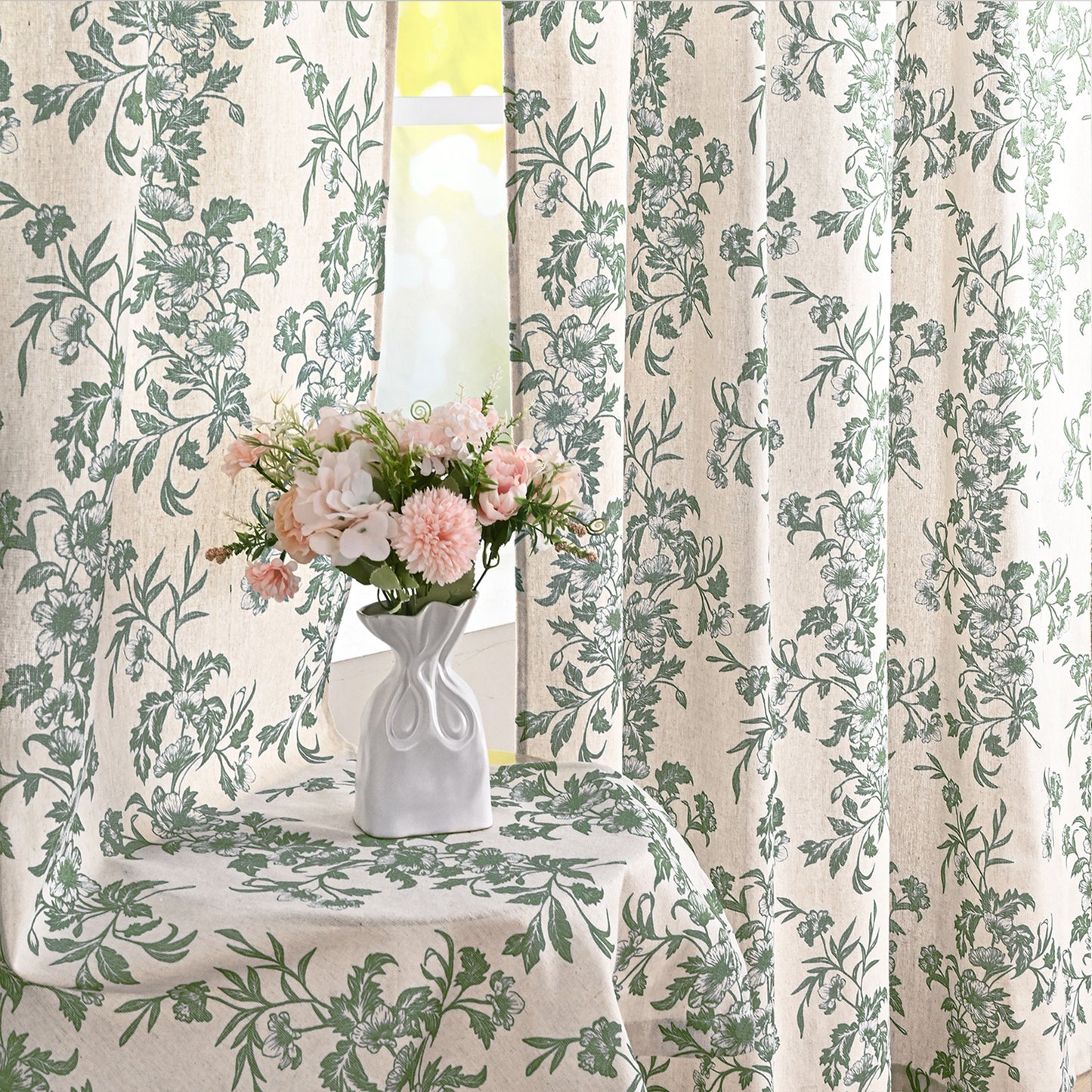 Alishomtll Floral Curtains for Living Room Farmhouse Country Linen Curtains Light Filtering Window Drapes,Sage Green ,52"x84", 2 Panels