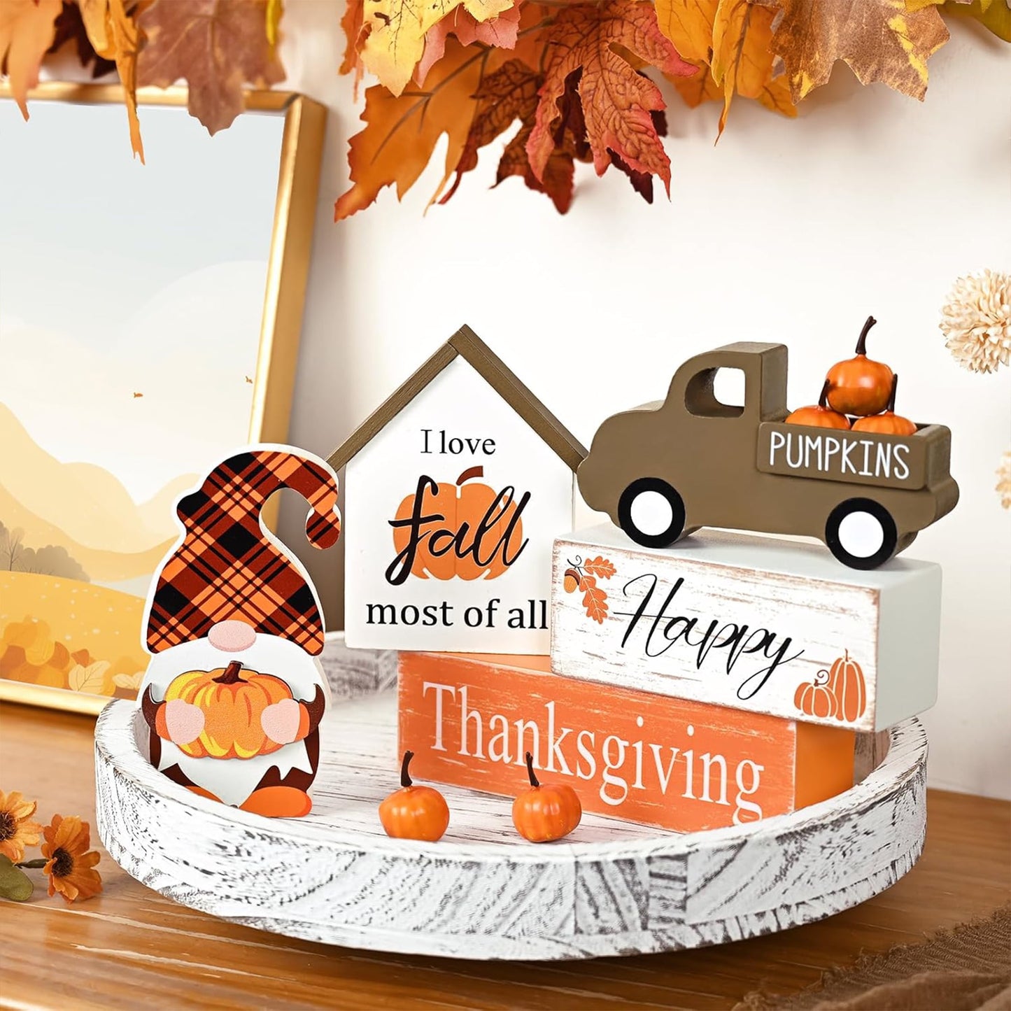 MecTo Thanksgiving Fall Truck Pumpkin Gnome Block Mantle Wooden Tabletop Farmhouse Decorations for Tiered Tray, Mantle, Desk, Bookshelf, Autumn Decor