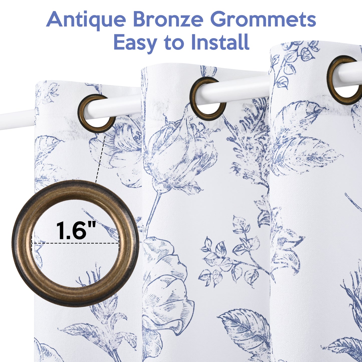 Alishomtll Blue Floral Curtains Linen Farmhouse Curtains for Living Room 63 inch Country Curtains Grommet Top Semi Sheer Curtains Light Filtering ,2 Panels