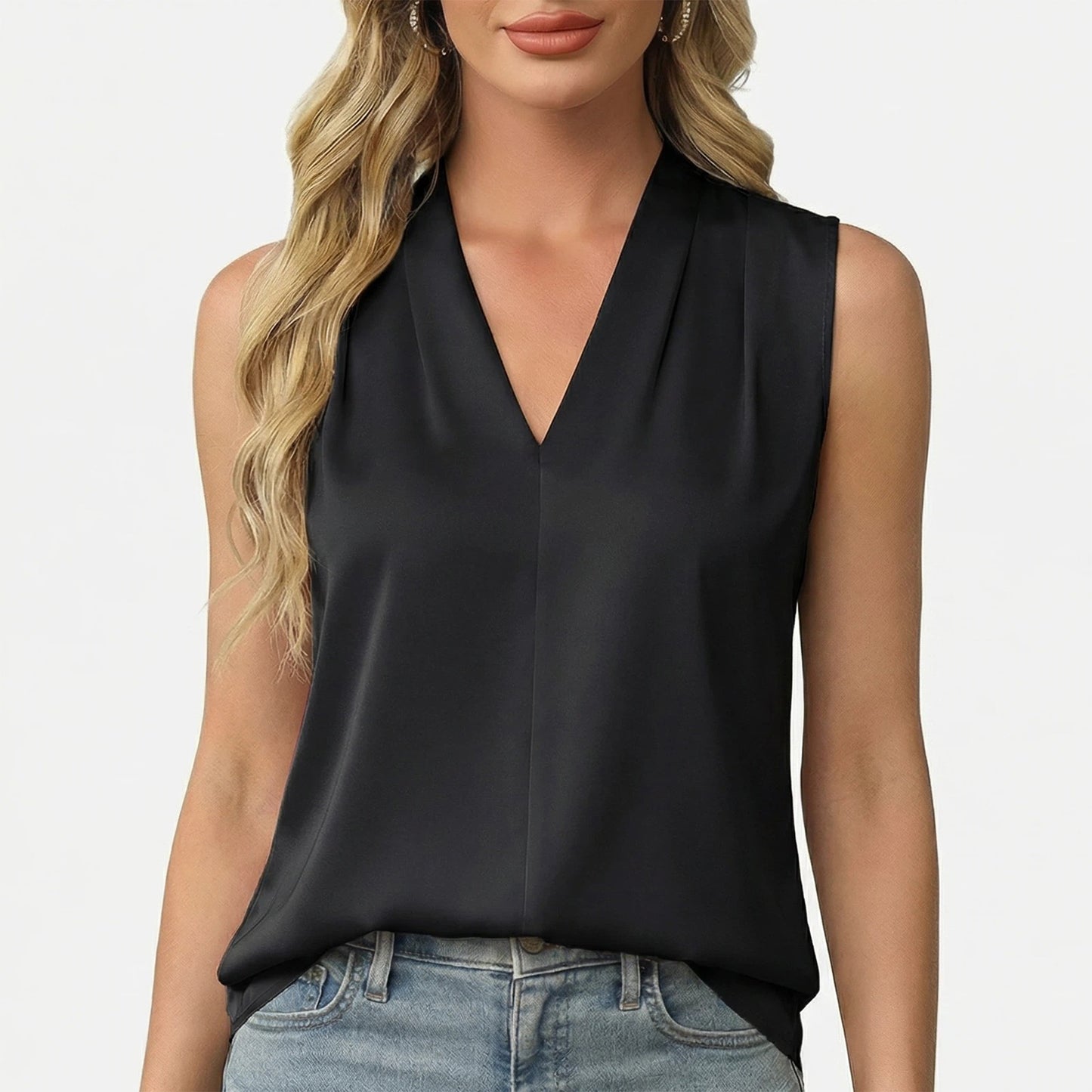 Gingprous V Neck Pleated Tank Tops for Women Sleeveless Casual Business Blouse Summer Spring Lightweight Comfy Vest Shirt
