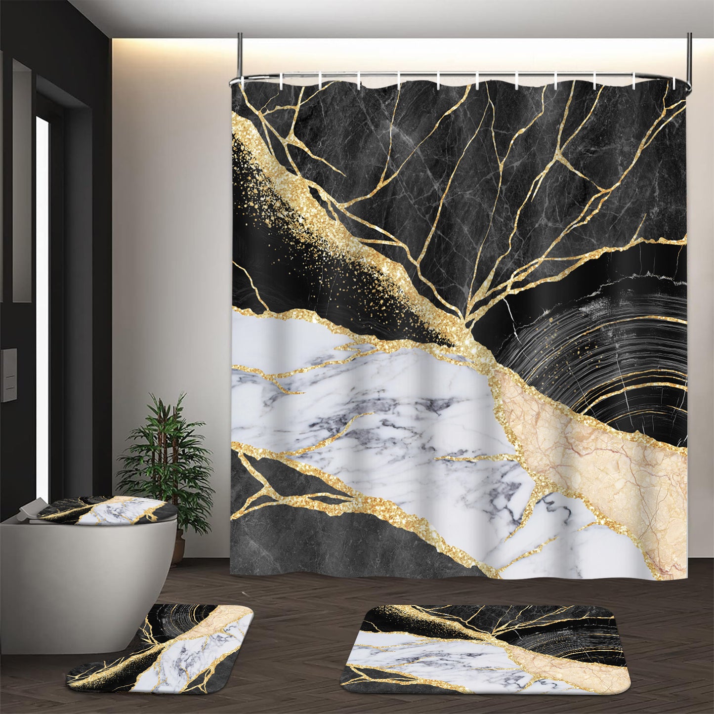 FRAMICS Black Gold Marble Shower Curtain and Rug Sets, 16 Pc Modern Bathroom Sets, Waterproof Fabric Shower Curtain with 12 Hooks and Toilet Rugs