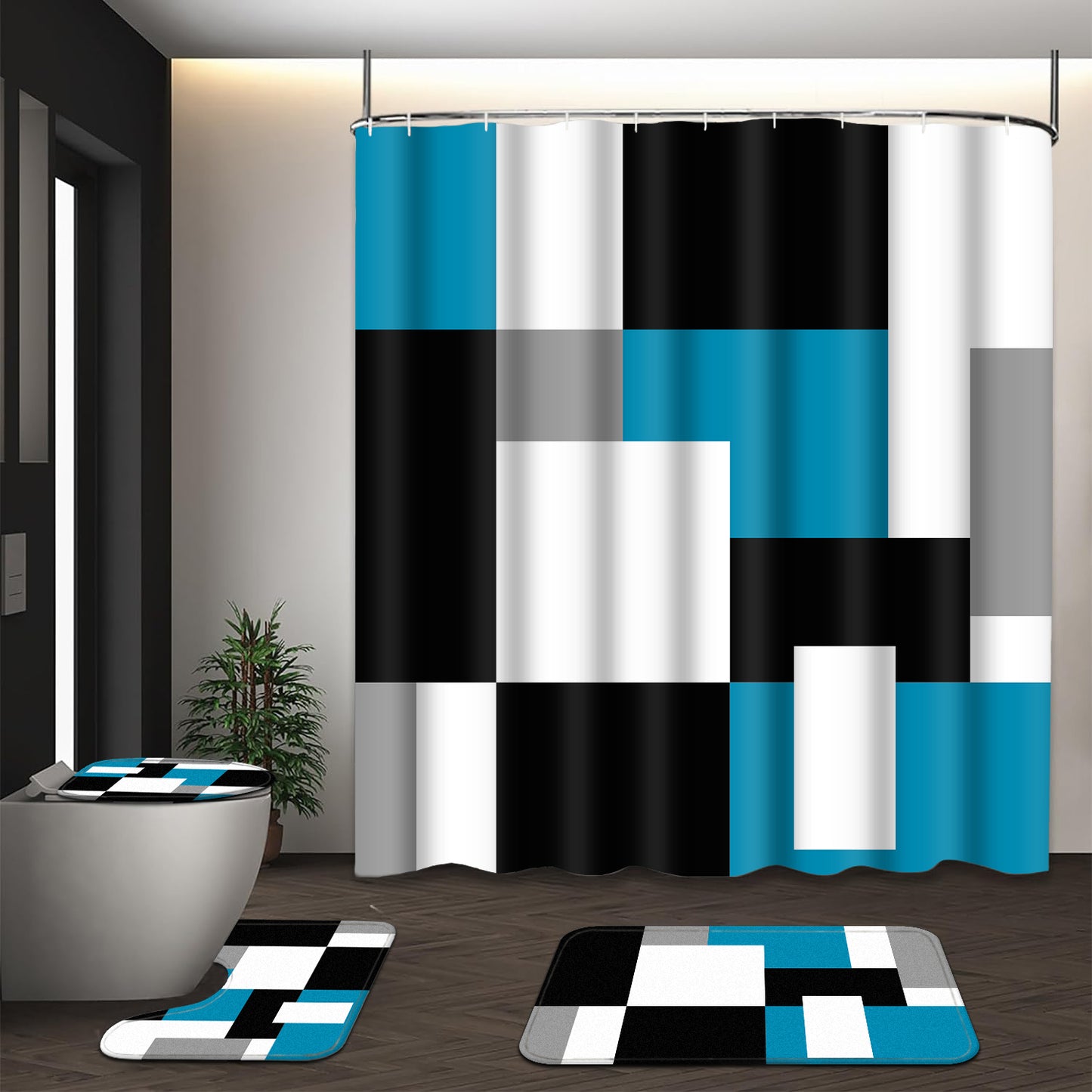 FRAMICS Blue Geometric Shower Curtain and Rug Sets, 16 Pc Black Grey Modern Abstract Bathroom Sets, Waterproof Fabric Shower Curtain with 12 Hooks and Toilet Rugs