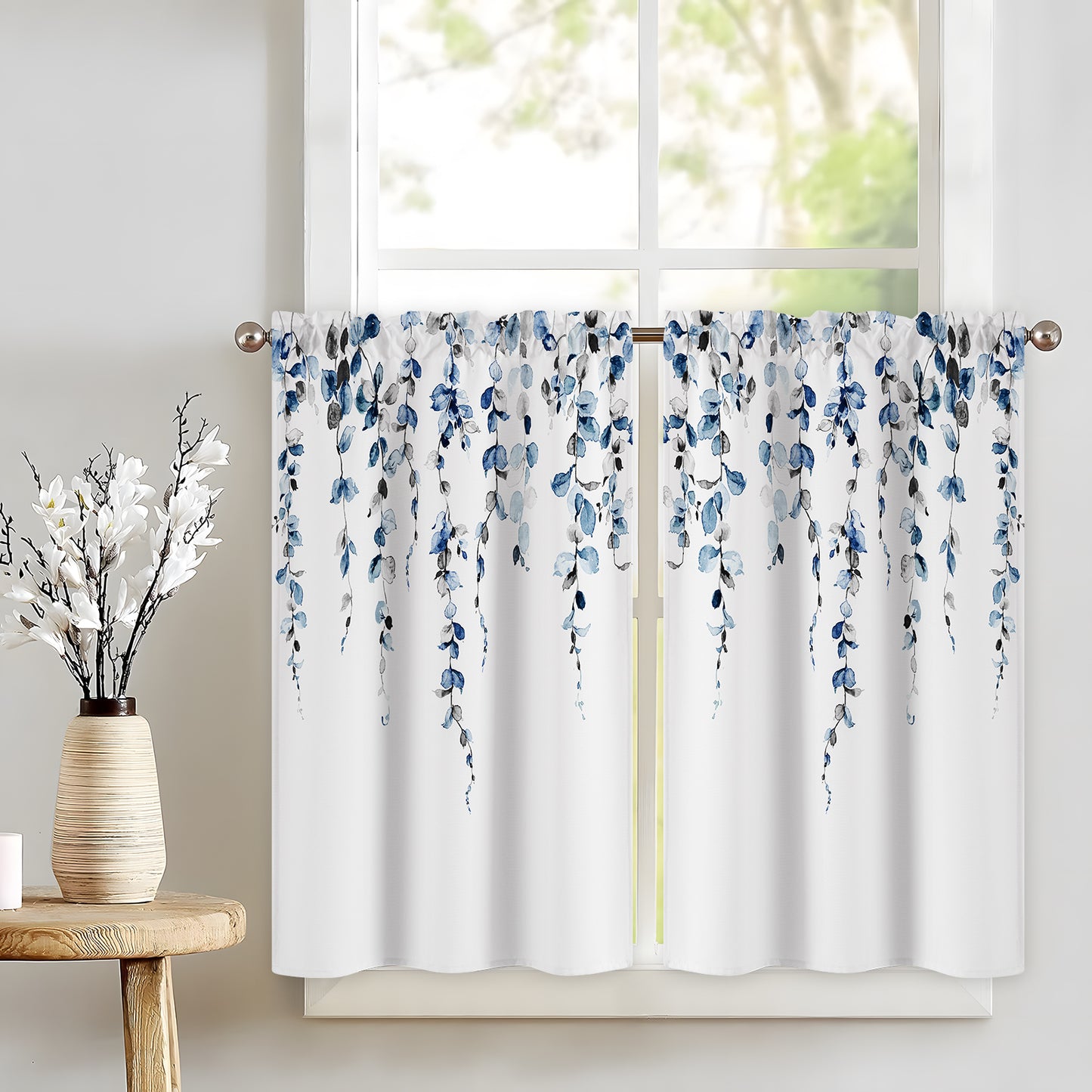 Alishomtll Kitchen Curtains Grey Blue Watercolor Leaves Print Tier Windows Drapes Sets 36 Inch ,Rod Pocket