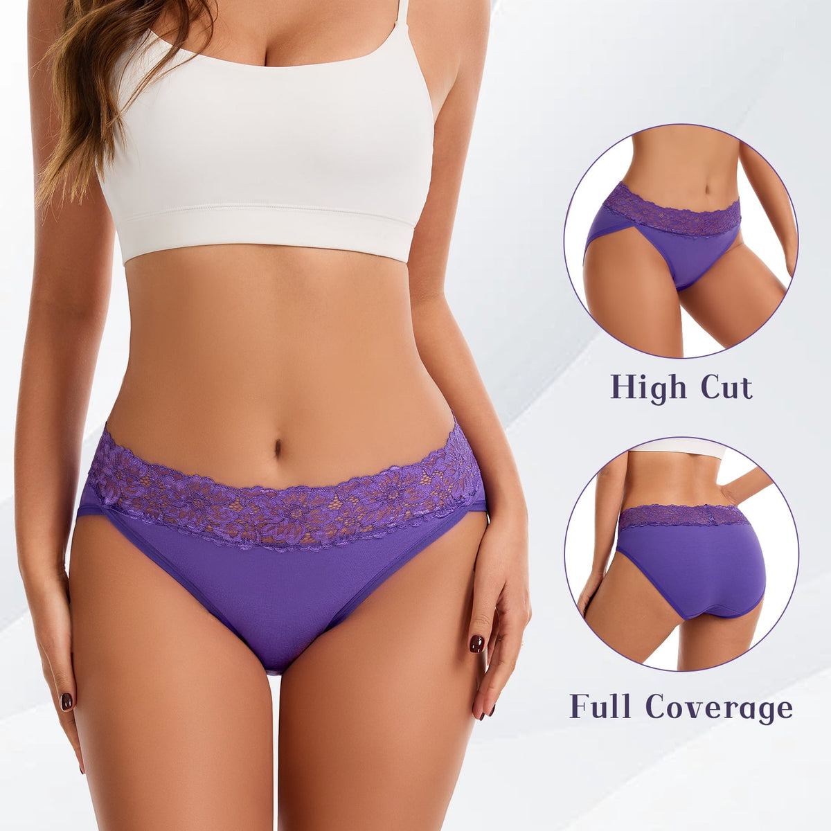 Sunm Boutique Lace High Cut Mid-Rise Panties Plus Size Cotton Underwear for Women, 5-Pack Full Coverage Comfort Waistband