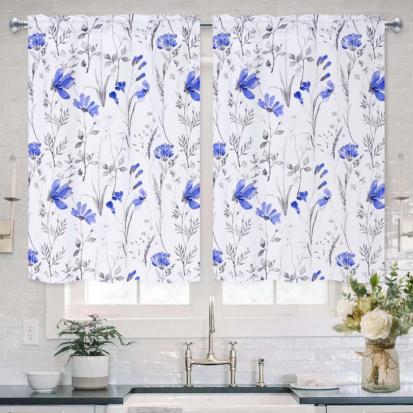Alishomtll Kitchen Curtains Blue Floral Light Filtering Small Window Kitchen Curtains Sets ,26"Wx36"L,2 Panels,Rod Pocket