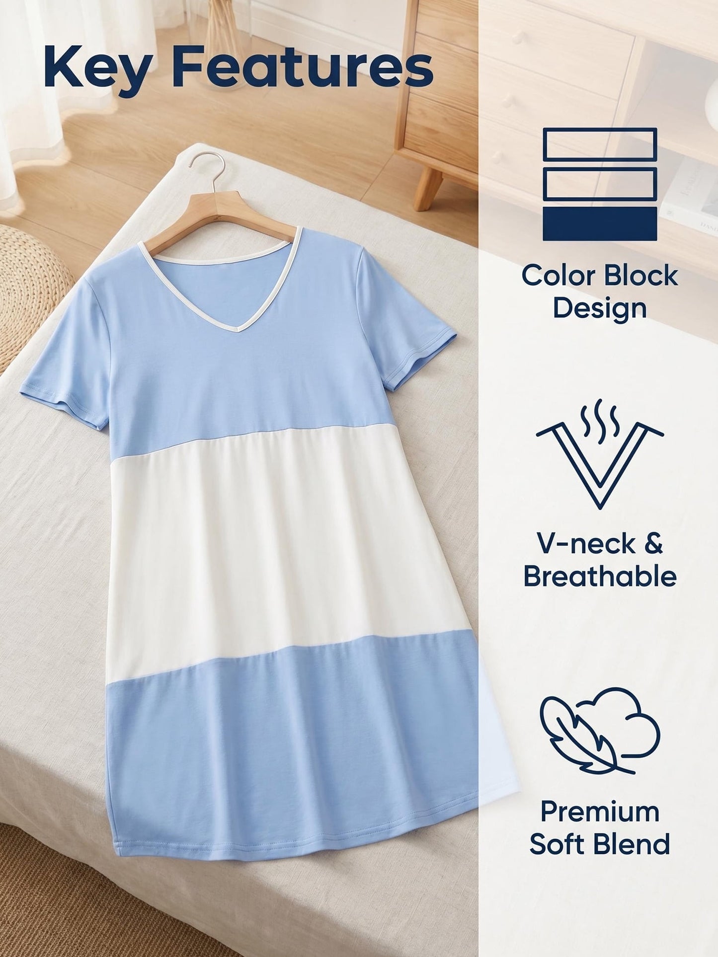 MecTo Women's Nightgown Cotton Blend Stretchy Loose Short Sleeve V-Neck Color Block Sleepwear