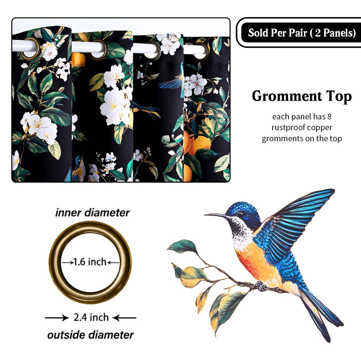 Alishomtll Floral Lemon Hummingbird Blackout Curtains Room Darkening Grommet Window Drapes for Living Room , 52" x84", ,Set of 2 Panels,Black