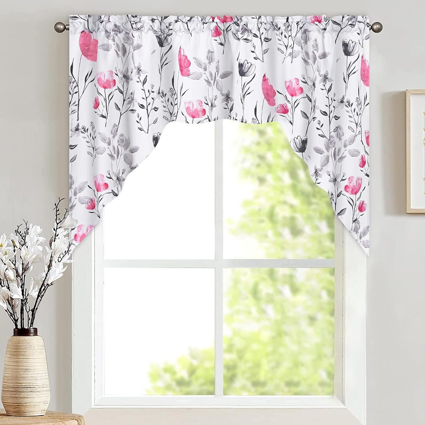 Alishomtll Kitchen Curtains Valances Swags for Windows Hot Pink Floral Printed Window Drapes,61" W x 36" L,Rod Pocket