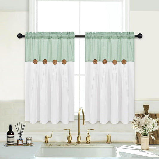 Alishomtll Linen Farmhouse White Boho Button Solid Print Rod Pocket Light Filtering Curtains, 26" x 36" (2 Panels),Teal white