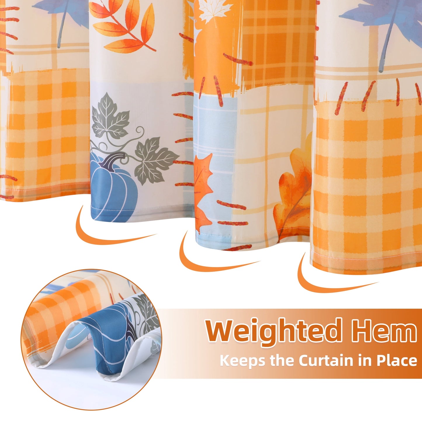 FRAMICS Thanksgiving Plaid Pumpkin Shower Curtain Sets with Rugs, 16-Piece Fall Leaves Bathroom Sets with Hooks, Waterproof Fabric Orange Blue Bathroom Decor Set