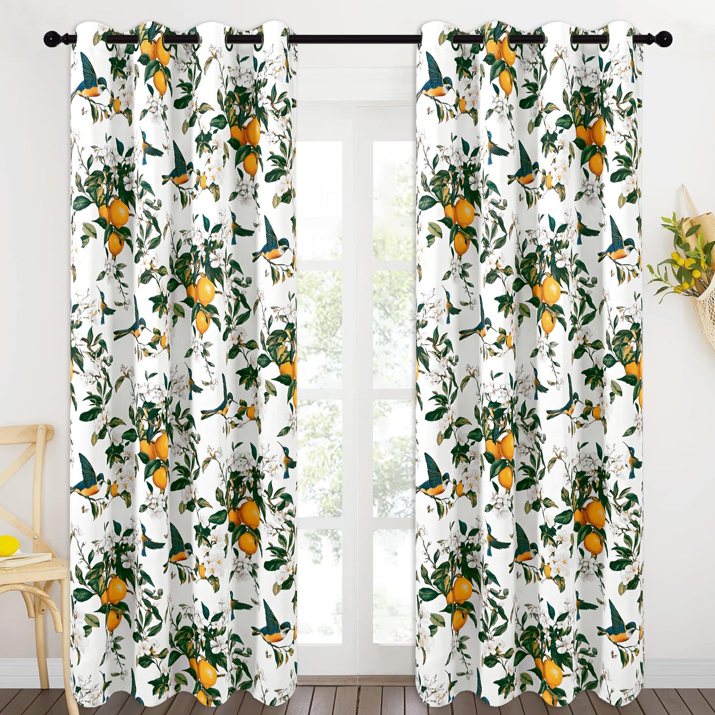 Alishomtll Floral Lemon Hummingbird Blackout Curtains Room Darkening Grommet Window Drapes for Living Room , 52"x84", ,Set of 2 Panels,White