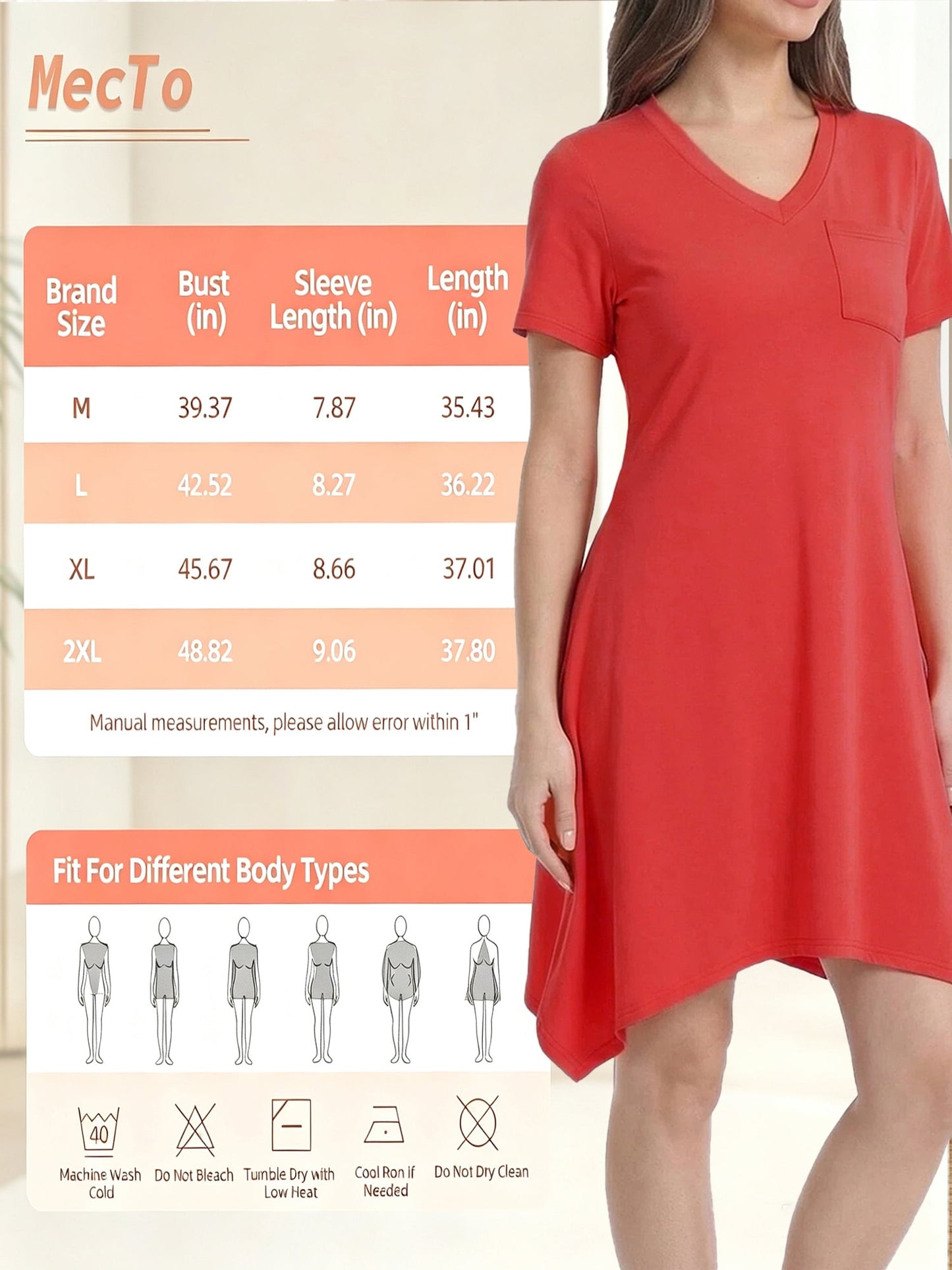 MecTo Women's Nightgown with Pockets, Soft V-Neck Short Sleeve Sleep Dress, Irregular Hem Stretchy Lounge Sleepwear Casual Nightshirt Beach Cover Up for Women