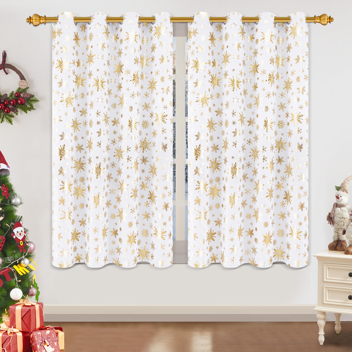 Alishomtll Red Christmas Curtains for Living Room Blackout Golden Snowflake Foil Pattern Room Darkening Window Drapes Holiday Xmas Decor, 52" x 84"L, Set of 2 Panels