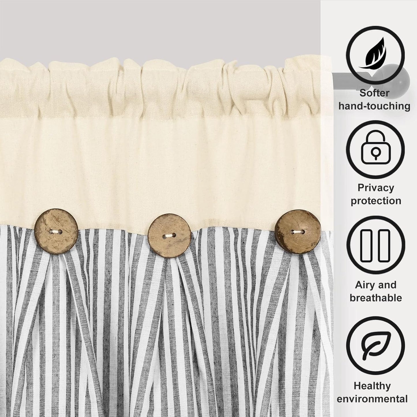 Alishomtll Stripe Kitchen Curtains 8 Button Linen Cotton Window Curtains Sets 36 Inches Long ,Rod Pocket