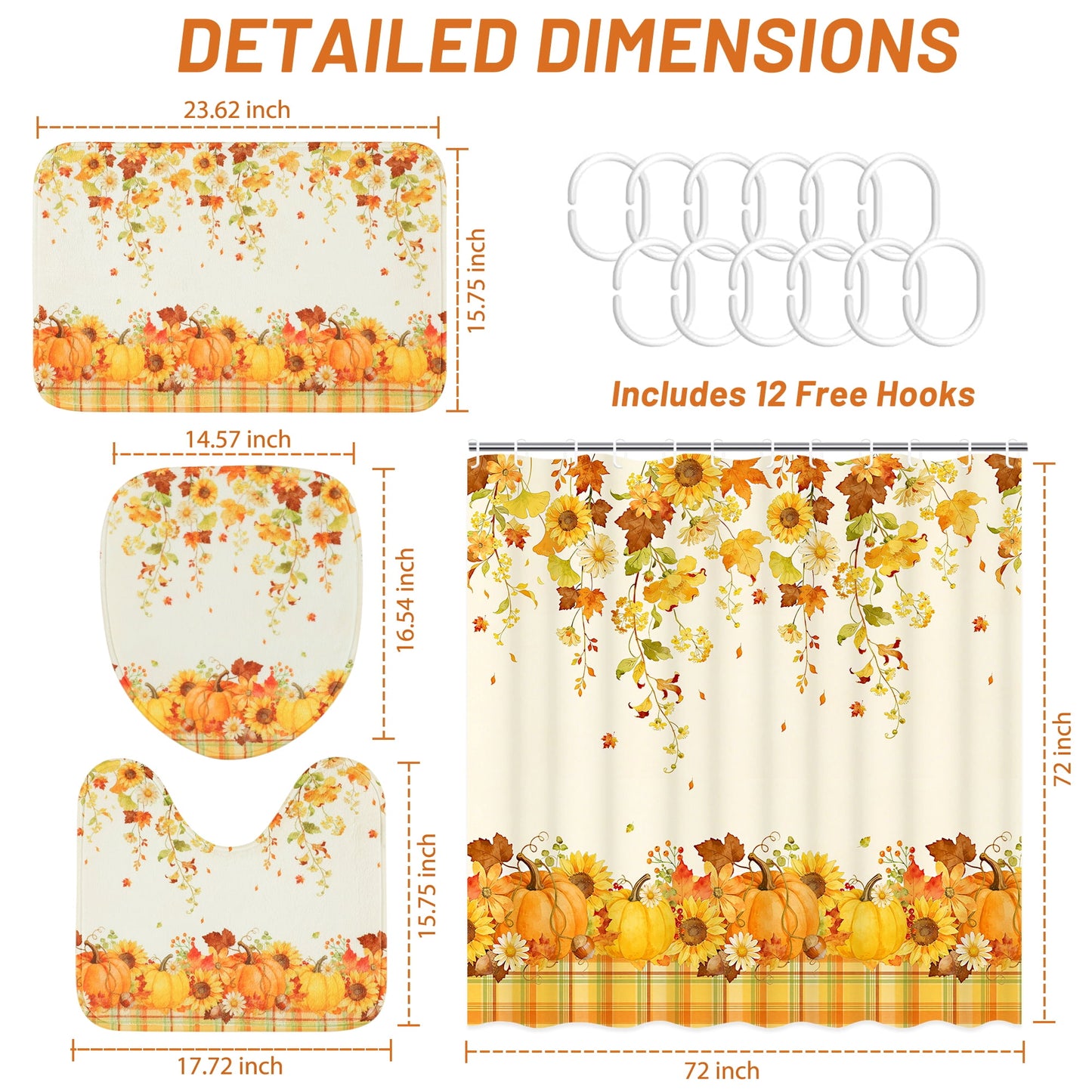 FRAMICS Fall Pumpkin Shower Curtain Sets with Rugs, 16-Piece Thanksgiving Sunflower Buffalo Plaid Bathroom Sets with Hooks, Waterproof Fabric Bathroom Decor Set