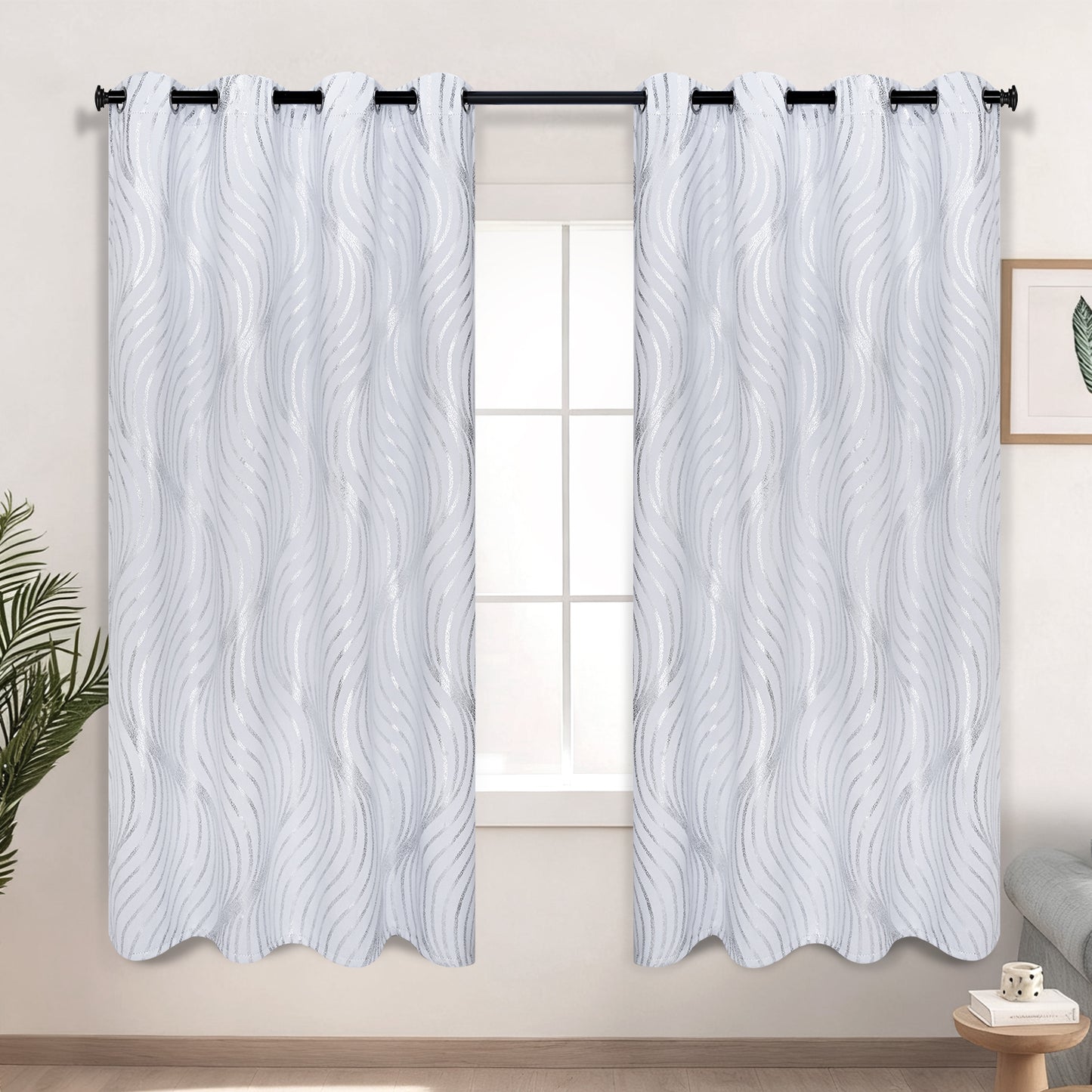 Alishomtll White Blackout Curtains for Living Room ,Modern Metallic Silver Wave Pattern Bedroom Thermal Insulated Drapes ,2 Panel Set,52"x63"