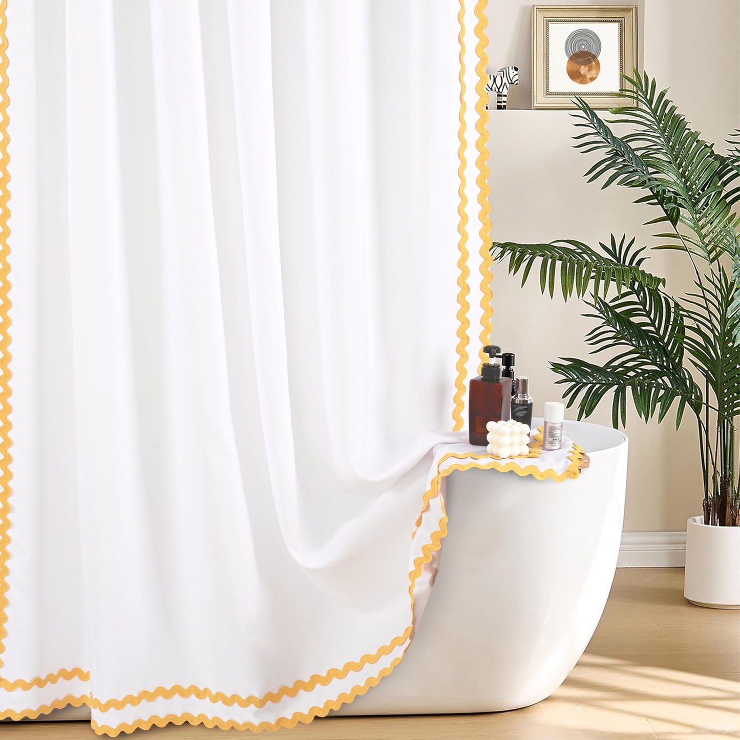 FRAMICS Yellow Scalloped Fabric Shower Curtain Sets with Rug, 14 Piece Bathroom Sets with Hooks, Slub Textured Heavy-Duty & Waterproof, 72" x 72"