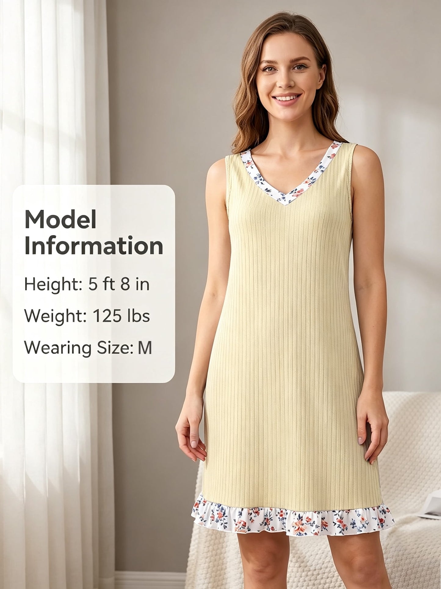 MecTo Women's Nightgown - Ice Silk Sleeveless V Neck Floral Trim Stretchy Sleepwear