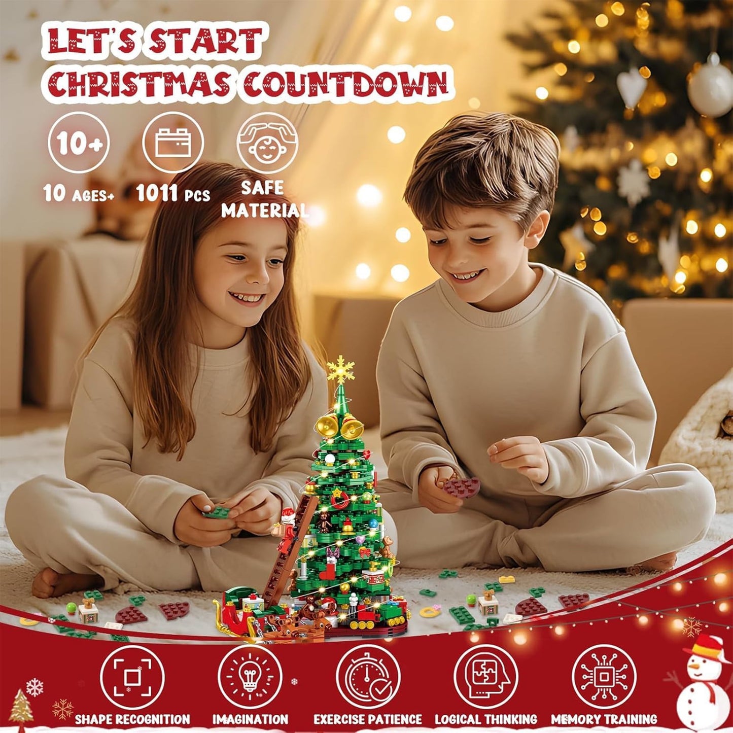 MecTo 2025 Christmas Tree Train Advent Calendar Building Block Set Santa Claus Train & Moose Decorations Countdown Kit, 1011 Pieces
