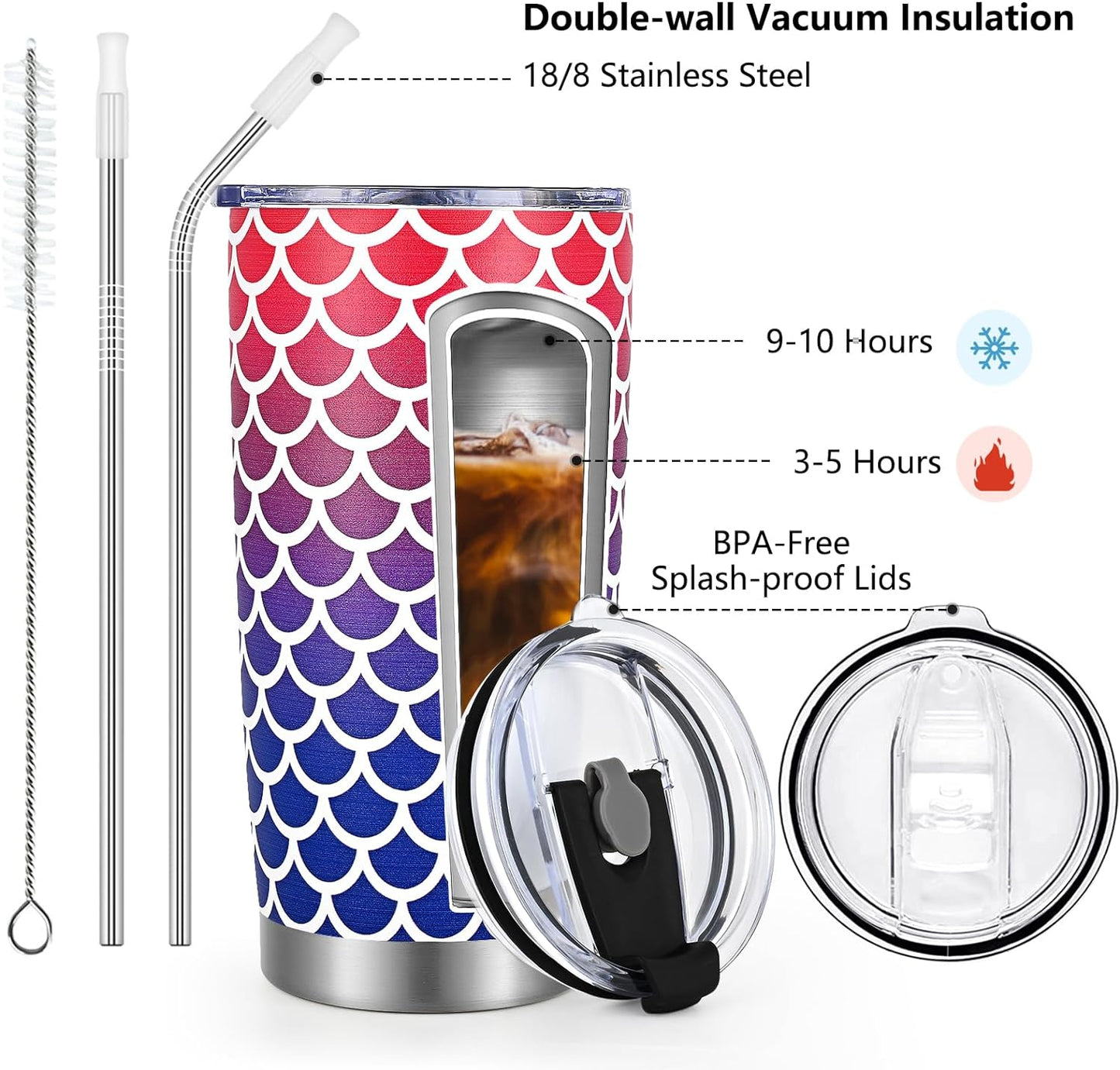Gingprous 20 oz Stainless Steel Tumblers with Lids Straws, Double Wall Travel Tumblers, Vacuum Insulated Tumblers, , Multicolor