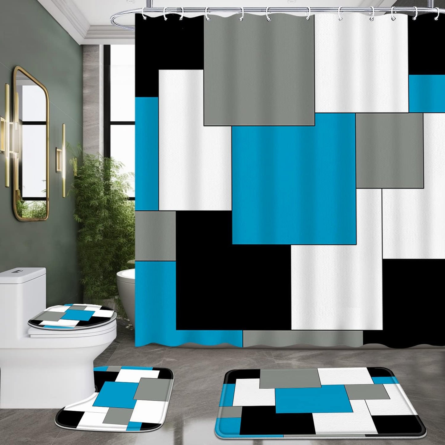 FRAMICS Blue Geometric Shower Curtain and Rug Sets, 16 Pc Black Grey Modern Abstract Bathroom Sets, Waterproof Fabric Shower Curtain with 12 Hooks and Toilet Rugs