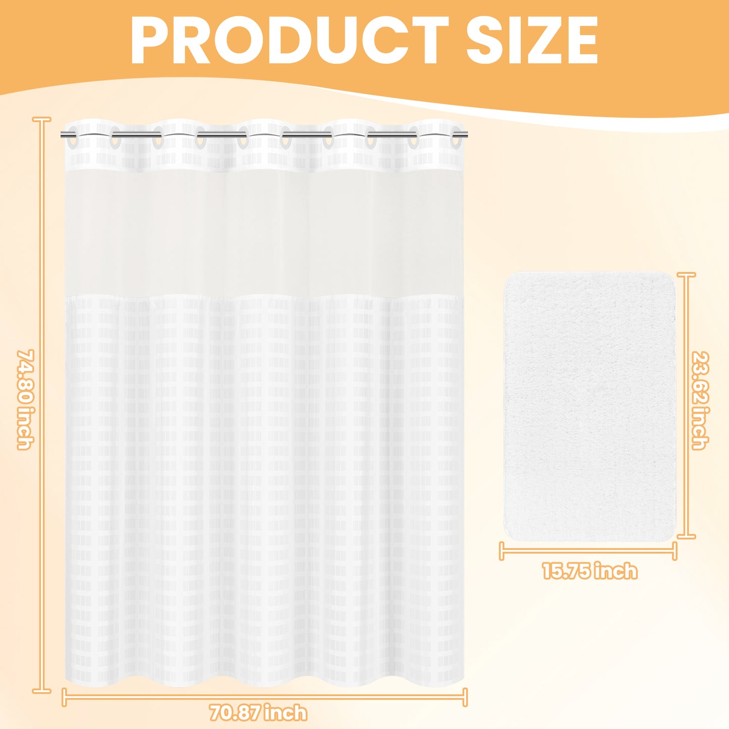 FRAMICS No Hook Shower Curtain Sets with Rug, Checkered Textured Waterproof Fabric Bathroom Sets with with Mesh Top Window, Hotel Grade, White, 70.9" x 74.8"