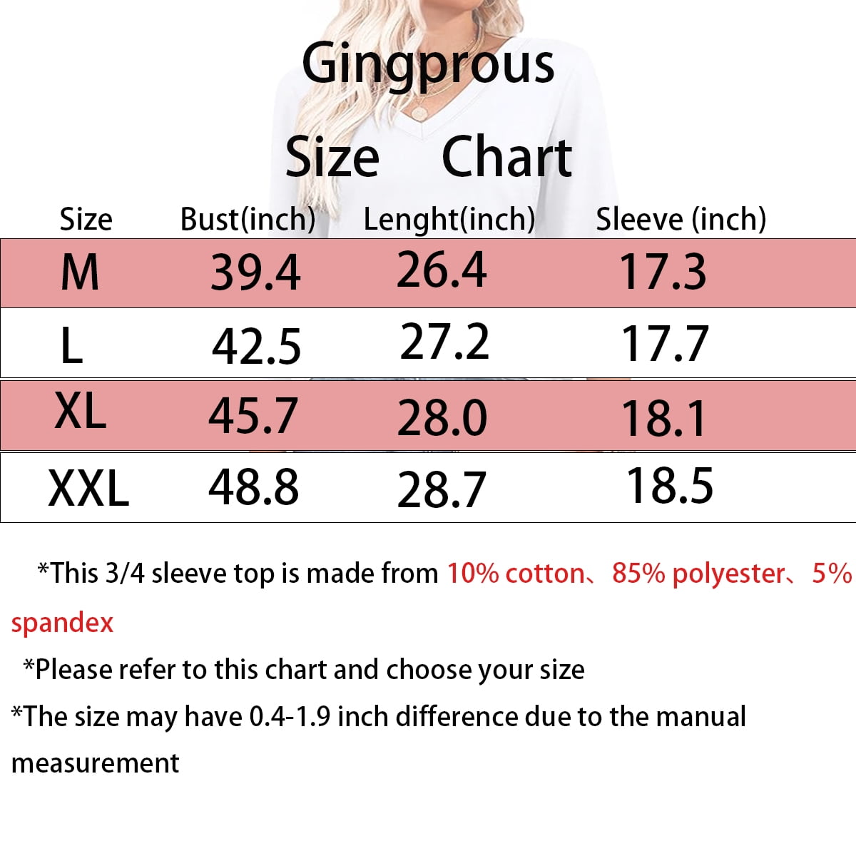 Gingprous 3/4 Sleeve Womens V-Neck Tunic Blouse Hollow Out Lace Sleeve Tops Curved Hem Casual Shirt