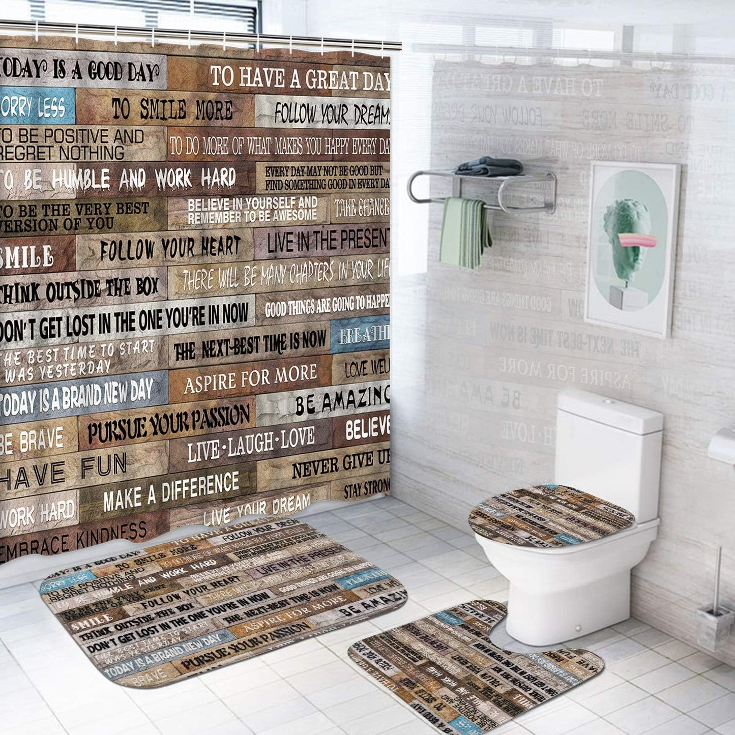 FRAMICS Brown Inspirational Quotes Shower Curtain and Rug Sets, 16 Pc Vintage Wooden Bathroom Decor Set, Waterproof Shower Curtain with 12 Hooks and Toilet Rugs