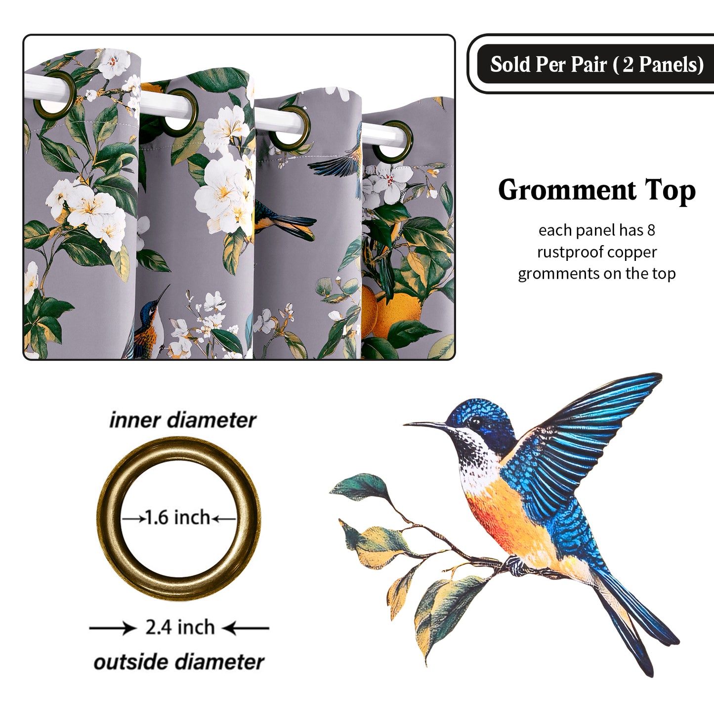 Alishomtll Floral Lemon Hummingbird Blackout Curtains Room Darkening Grommet Window Drapes for Living Room , 52"x84", ,Set of 2 Panels,Grey