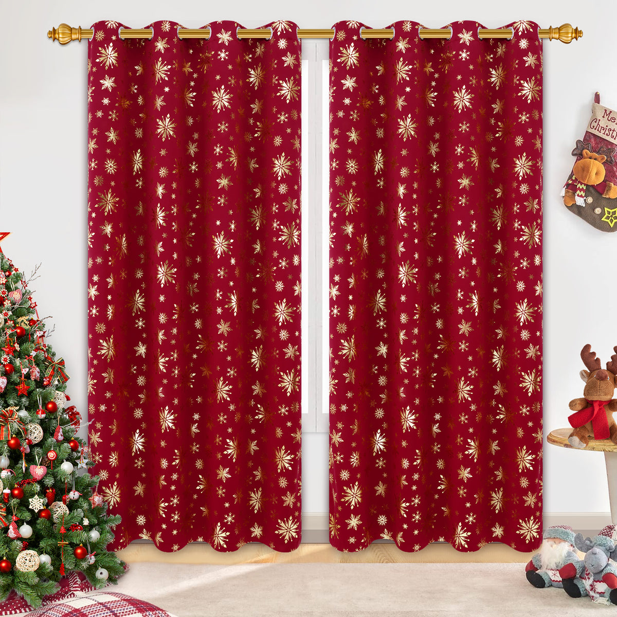 Alishomtll Red Christmas Curtains for Living Room Blackout Golden Snowflake Foil Pattern Room Darkening Window Drapes Holiday Xmas Decor, 52" x 84"L, Set of 2 Panels